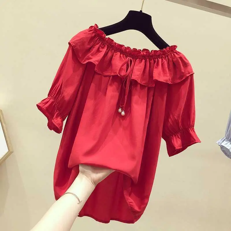 

2021 Women Spring Summer Style Chiffon Blouses Shirts Lady Casual Short Sleeve Slash neck Solid Loose Elegant Blouses Tops