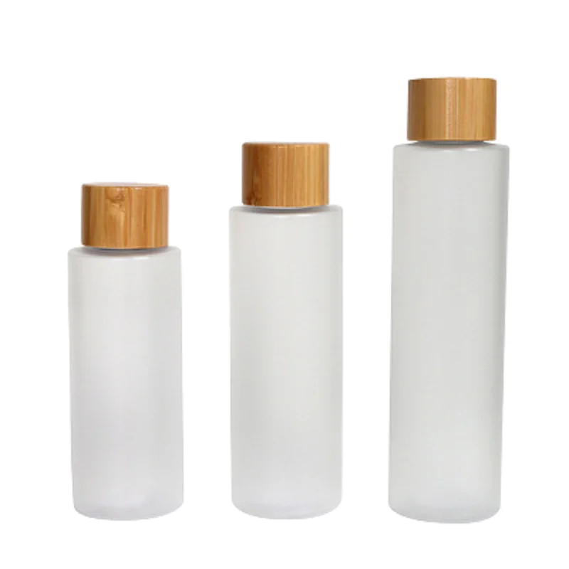 

Bamboo Wooden Lid Cosmetic Packaging Toner Bottle 100ML 120ML 150ML Frosted Flat Shoulder Empty Plastic Shower Gel Bottle 20Pcs