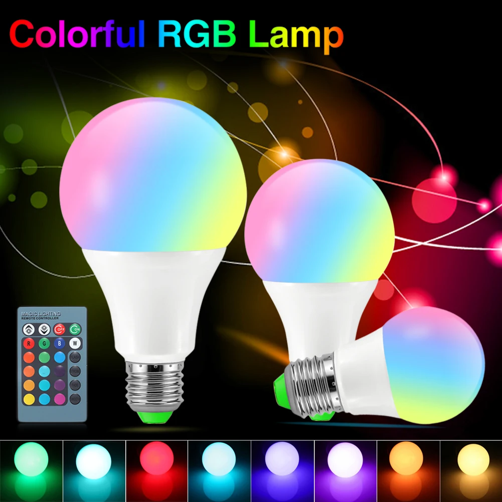

E27 LED Bulb Lights RGB Dimmable 16 Color IR 3W 5W 10W RGB Colorful Changin Lamp with Fixture Decor Home Remote Control battery