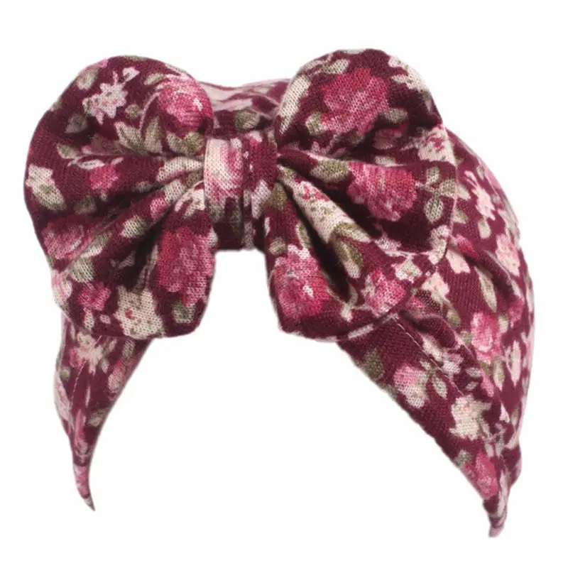 

Baby Girls Knitted Polka Dot Floral Print Turban Hat Bowknot Beanie Cap Elastic