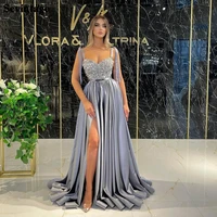 sevintage silver satin sequines prom dresses for women evening party gowns slit a line formal maxi long dress special occasion
