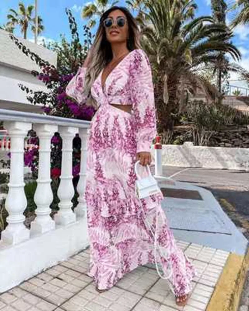 

Summer Women Deep V-Neck Beach Dress Sexy Hollow Out Party Ruffle Out Boho Maxi Dresses Fashion Casual Long Sleeve Loose Dress