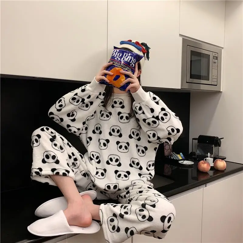 Женские теплые зимние фланелевые пижамы одежда для сна Kawaii Panda комплект из двух