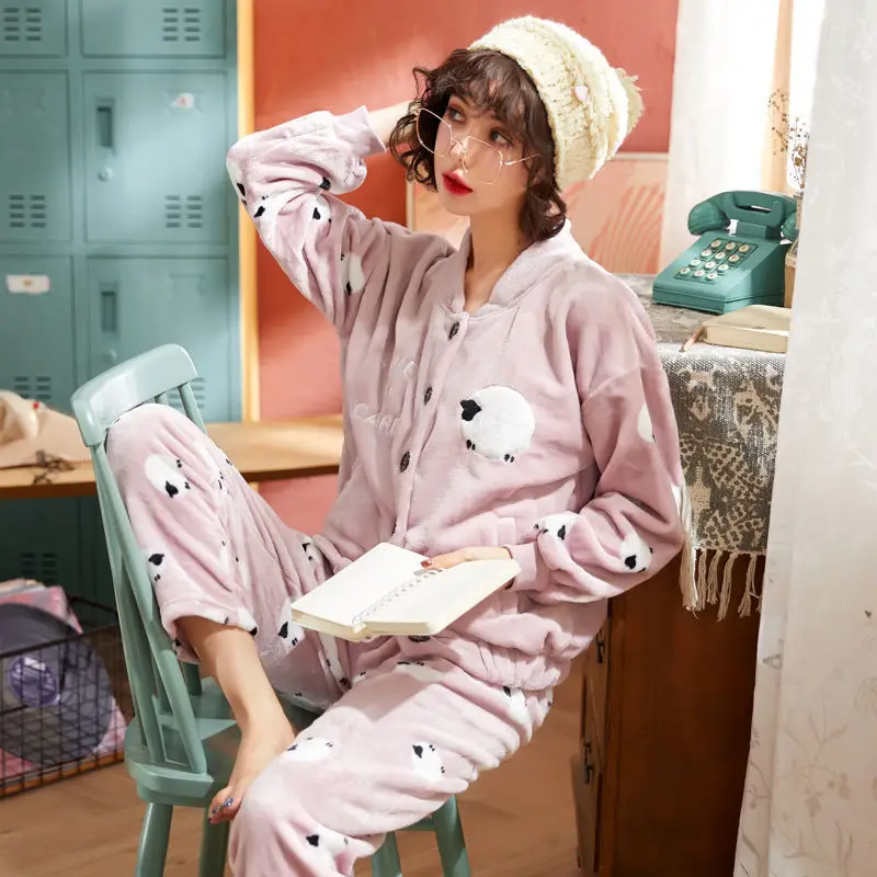Thickened Plus Flannel Women Sleepwear Coral Velvet Pajamas Autumn and Winter Cute Home Service Suits Nightwear Pijama Set