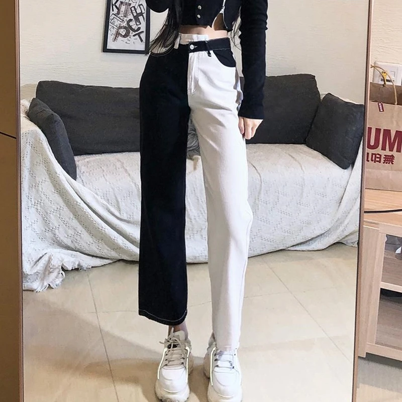 

S-L Women Straight Denim Pants Trendy Mid Waist Color Block Wide Leg Jeans with Pockets Hip Hop Party Wear Long Pants