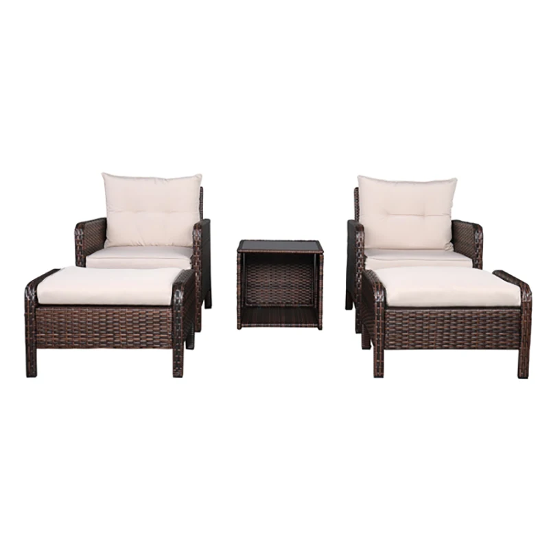 

2pcs Single Sofa 2pcs Footstool &1pc Coffee Table Round Corner Armrests 5 Piece Rattan Set Gradient Garden Furniture Sets [US-W]