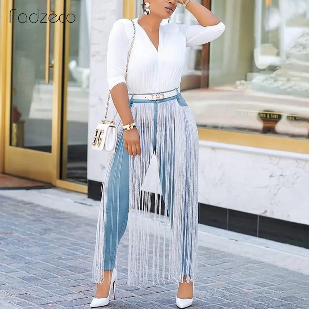 Fadzeco африканская одежда для женщин модные джинсы с бахромой Высокая талия