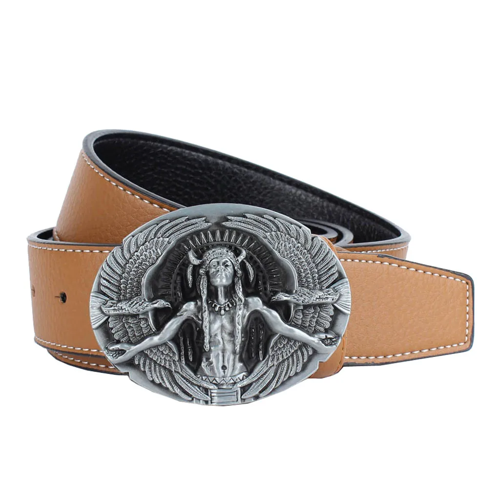 

Men's PU Leather Casual Belt with Oval Zinc Alloy Carved Native Chief Eagle Buckle Waistband