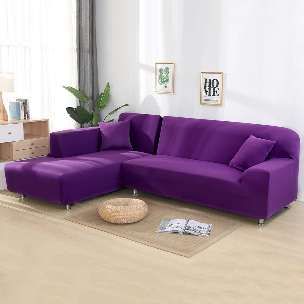 purple 1 Стрейч L форма d диван-Крышка для гостиной шезлонг Диван-крышка секционный чехол угловой диван-крышка L Форма Эластичный 2 шт - Цвет: purple 1