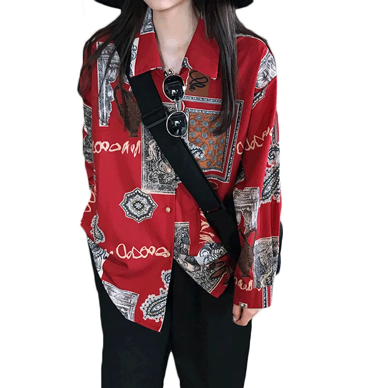 Осенняя винтажная рубашка женская красная модная блузка с принтом и открытыми
