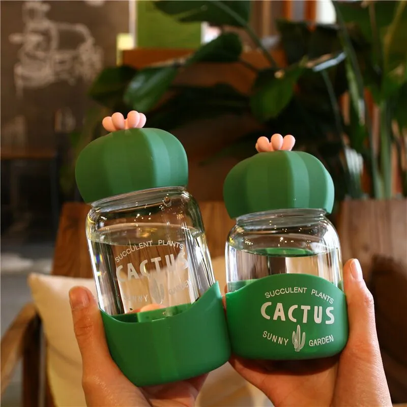 

Glass Cup 450ml Cactus Carafe Glass Fresh Portable Mini Small Water Travel Cup Anti-fall Heat-resistant Creative Cute Trend Cup