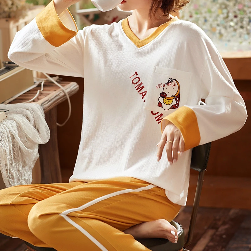 

COLENFAISH Pure Cotton Autumn and Winter Big code V-neck Women's Sleepwear Suit Long Sleeve Pants Women Sleepwear Ladies Pajamas