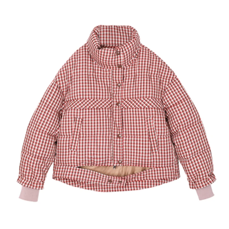 

Winter Classic Plaid Print Short Down Jackets Women Korean Sweet Thick Buttons Zipper Warm Cropped Coats Female Outwear 2020