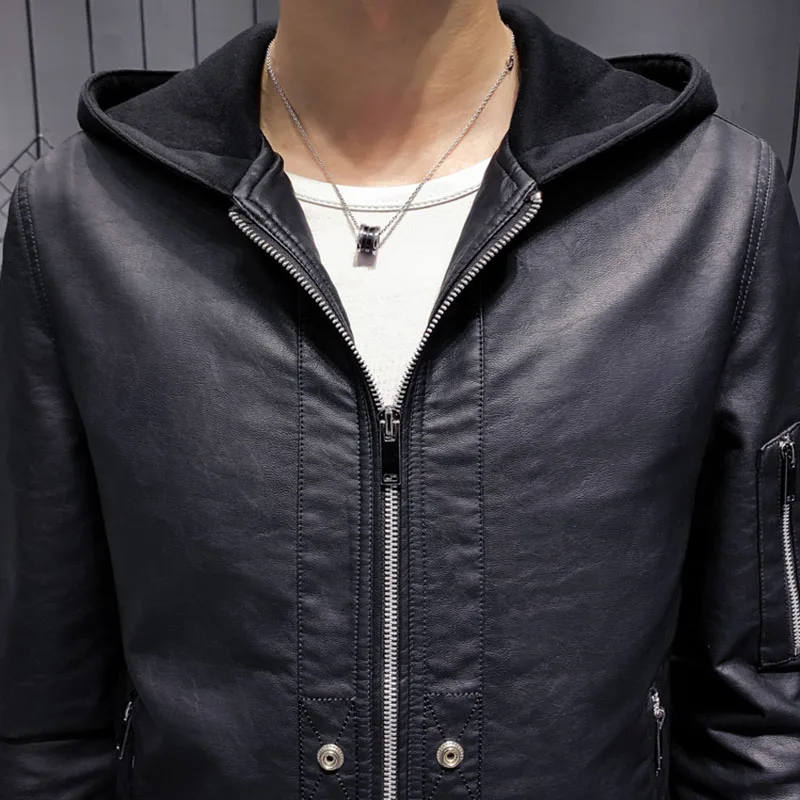 Мужская кожаная куртка уличная с капюшоном искусственная ( ый) куртки для мужчин