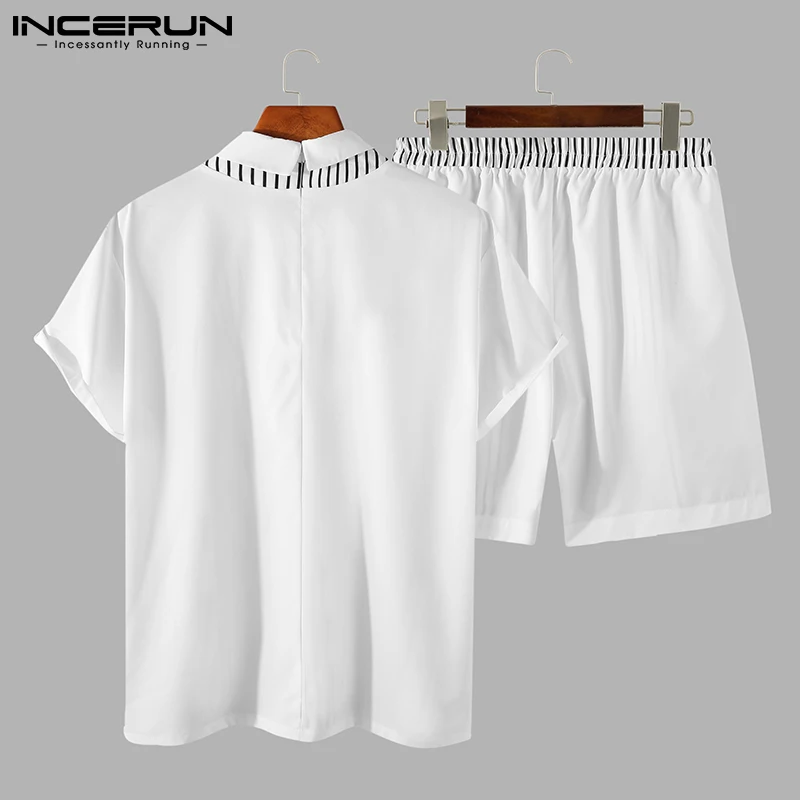 

2021 Men Striped Patchwork Sets Streetwear Lapel Short Sleeve Shirt & Shorts 2 Pieces Summer Fashion Casual Mens Suits INCERUN