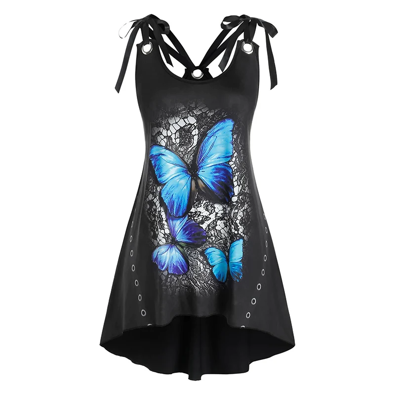 

2021 Summer Tank Tops Women 3D Lace Butterfly painting Sleeveless Sexy Streetwear Aesthetic Floral Blouse Tied Backless Halter