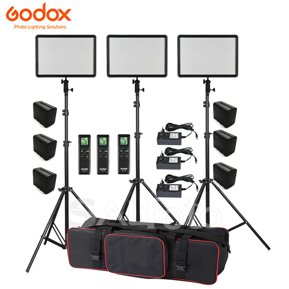 6pcs Batteries +3x Godox Ultra Slim LEDP260C Bi-color 3300-5600K LED Video Light Panel Lighting Kit + Stand + Boom Arm+Bag Set