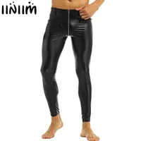 iiniim black mens faux leather zipper crotch tight pants legging trousers clubwear full length pants for sexy gay men party