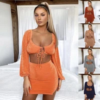 new autumn 2 piece suit square collar full sleeves sexy lace up front top clothes above knee slit wrap skirt for women