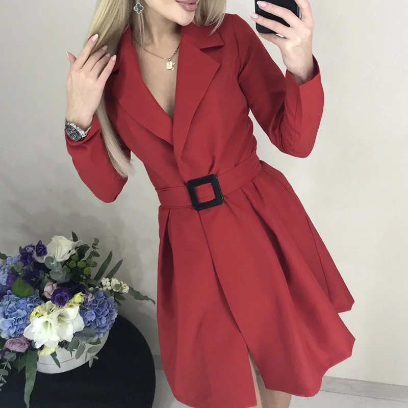 

2020New Forefair V Neck Wrap Sashes A Line Office Elegant Dress Black Ladies Autumn Winter Long Sleeve Red Mini Casual Dresses