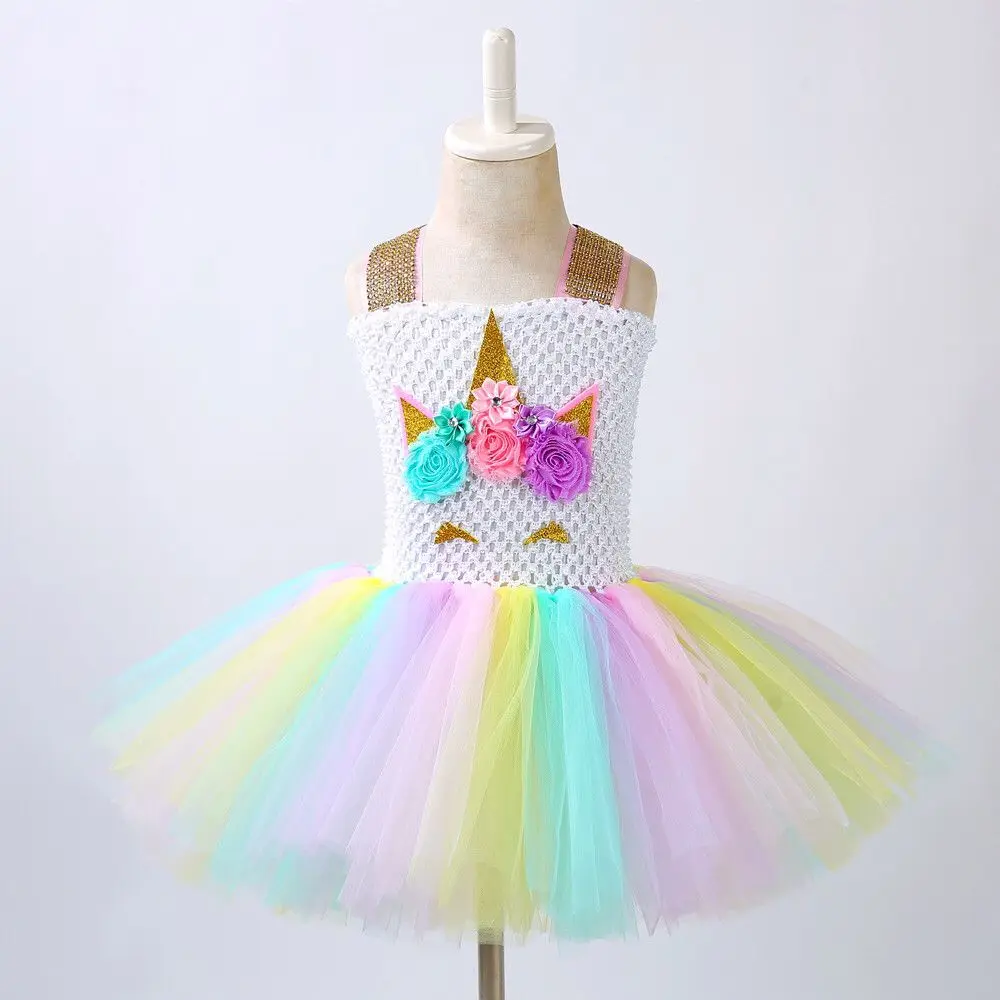 С цветочным узором для девочек Единорог Туту платье пастельных Радужное