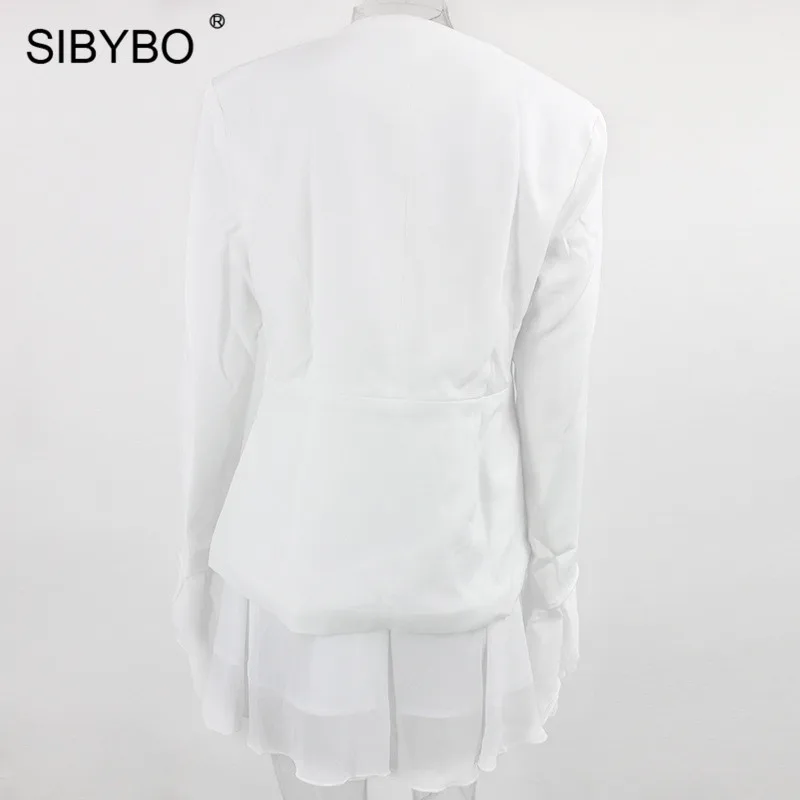 SIBYBO, с расклешенными рукавами, в сеточку, сексуальный комплект из двух предметов, для женщин, с глубоким v-образным вырезом, с оборками, Женский блейзер и юбка, комплект, элегантный, для вечеринки, Женский комплект