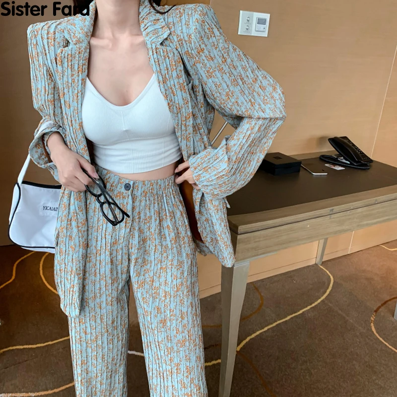 Sister Fara New Spring 2021 Notched Print Blazers Women Set+Single Button High Waist Straight Trousers Office Lady 2 Piece Set