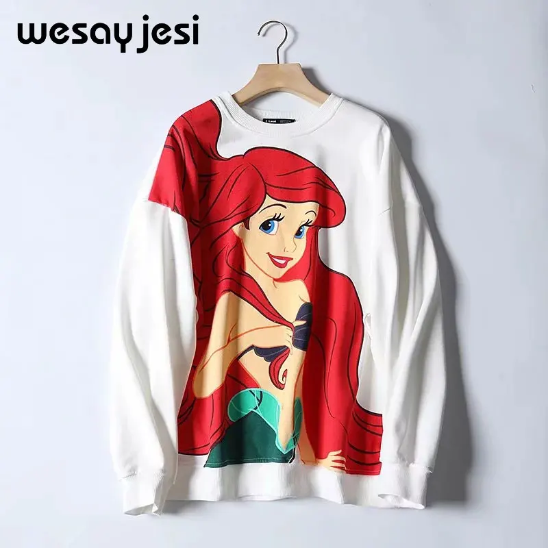 Mermaid Уличная Женская толстовка с мультяшным принтом, весна, свободная толстовка с круглым вырезом и длинным рукавом, вязаные повседневные толстовки - Цвет: Mermaid