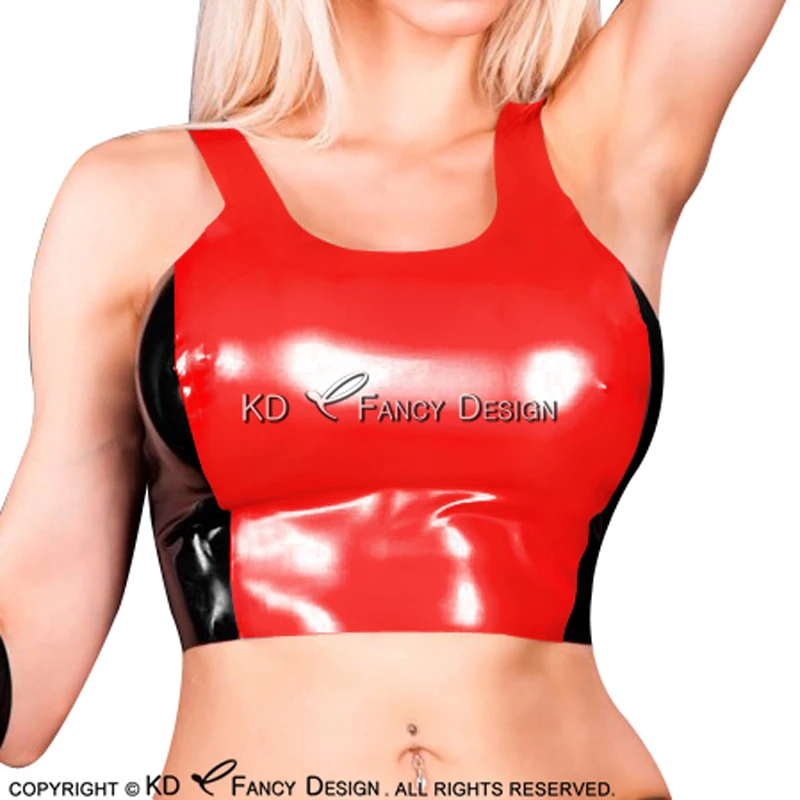 Красный и черный цвет сексуальный латексный кроп топ без рукавов резиновая