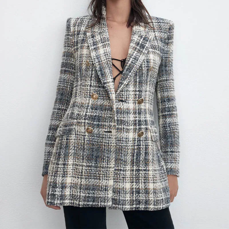 

Женский блейзер в клетку ZA, свободный двубортный блейзер в повседневном стиле, верхняя одежда для улицы, осень 2021