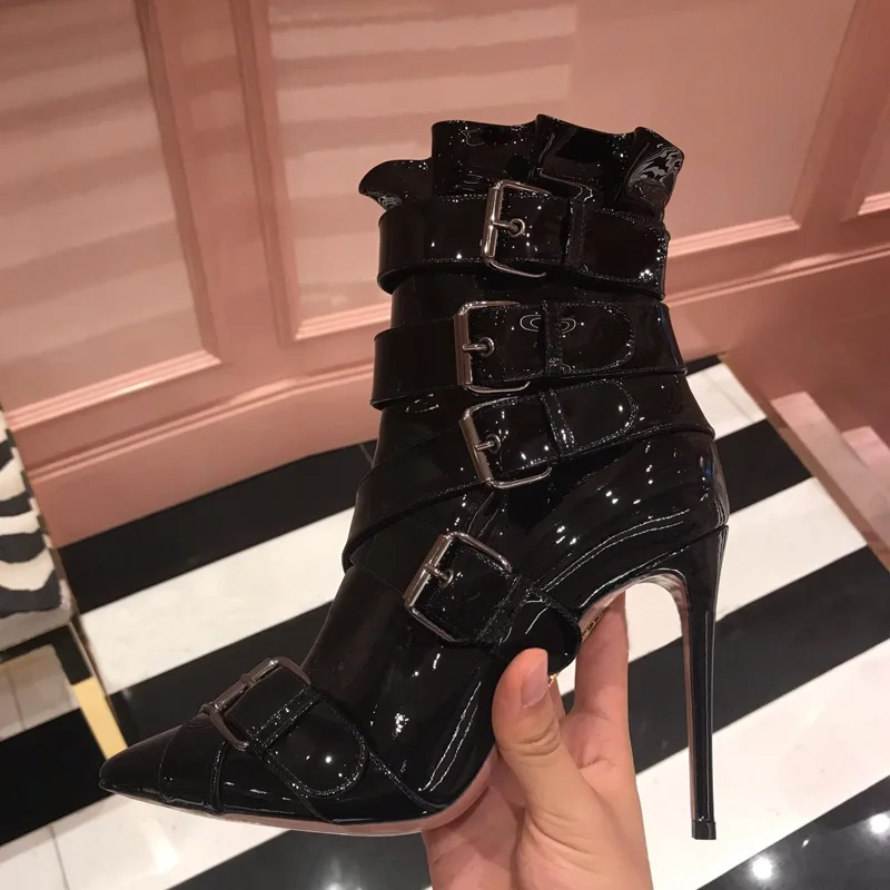 Ботинки для верховой езды в стиле панк черные блестящие кожаные ботильоны на