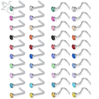 zs 20pcslot colorful cz crystal nose ring set 20g stainless steel nose piercings 3mm round gem bone retainer piercing jewelry