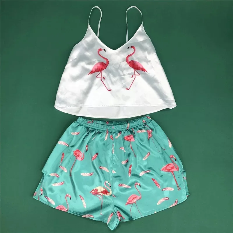 

Woman Printed Fashion Silk Sexy Cartoon Pijamas Girls Sleepwear Satin Home Suit Summer Animal Femme V Neck Dropshipping
