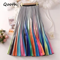 qooth new printed rainbow pleated skirt mid length a line spring autumn skirt color matching lining high waist skirt qt560