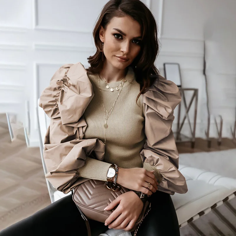 Модная белая блузка с пышными рукавами Женская Осенняя рубашка круглым вырезом и