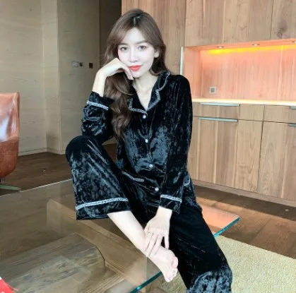 

2020 Spring Autumn Women Pajamas Fashion Velvet Soild Long Sleeve Two-piece Suits Sleepwear V Neck Casual Female Elegant Sets