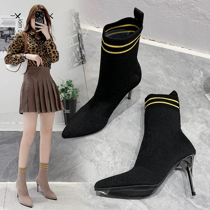 

Sexy Sock Boots Knitting Stretch Boots High Heels For Women Fashion Shoes 2022 Spring Autumn Ankle Boots Booties Female New