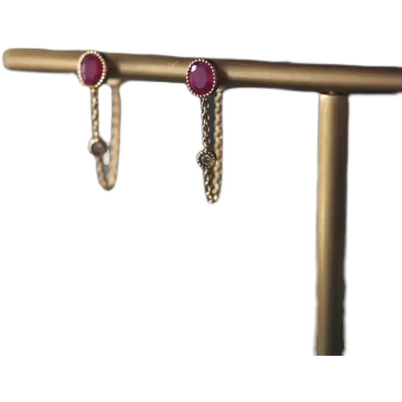 

New Ruby Stud Earrings Diamond Earrings S925 Sterling Silver Inlaid Female Mild Luxury Retro Simple Fashion Temperament