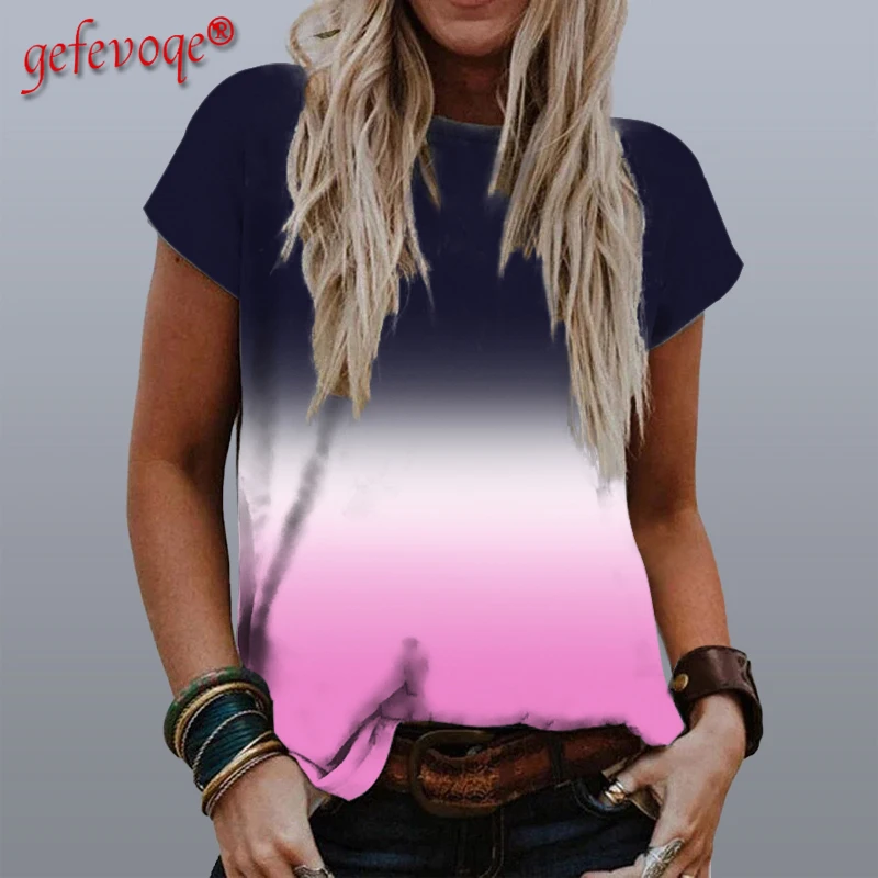 

Женская футболка с градиентным принтом, Повседневная простая футболка с круглым вырезом и коротким рукавом, Одежда большого размера, лето ...
