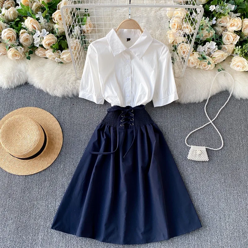 

2021 New Spring Summer Ladies Turn Down Collar Short Sleeve Solid Contrast Stitching High Waist Casual Female Dress