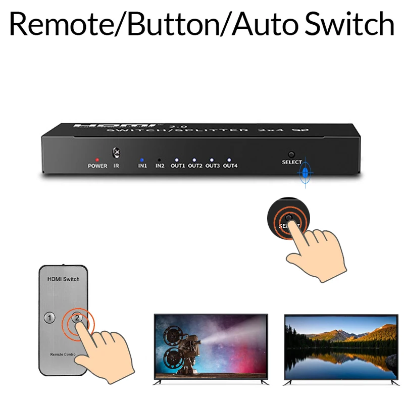 4K HDMI 2 в 4 выхода 2,0 HDMI переключатель сплиттер 2x4 SPDIF 3,5 мм аудио экстрактор конвертер адаптер дистанционное управление 3D 1080p DTS AC3