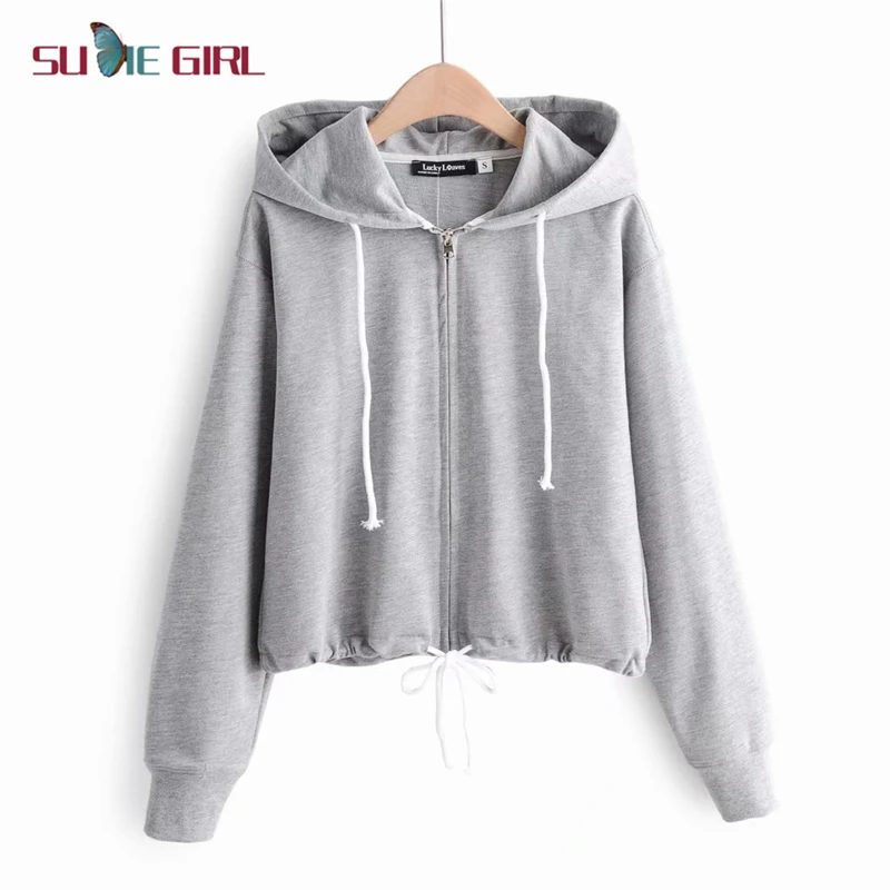 

SUDIE Girl Pure color loose and thin short high waist long sleeve casual Clothes with hats pullover hoodie women