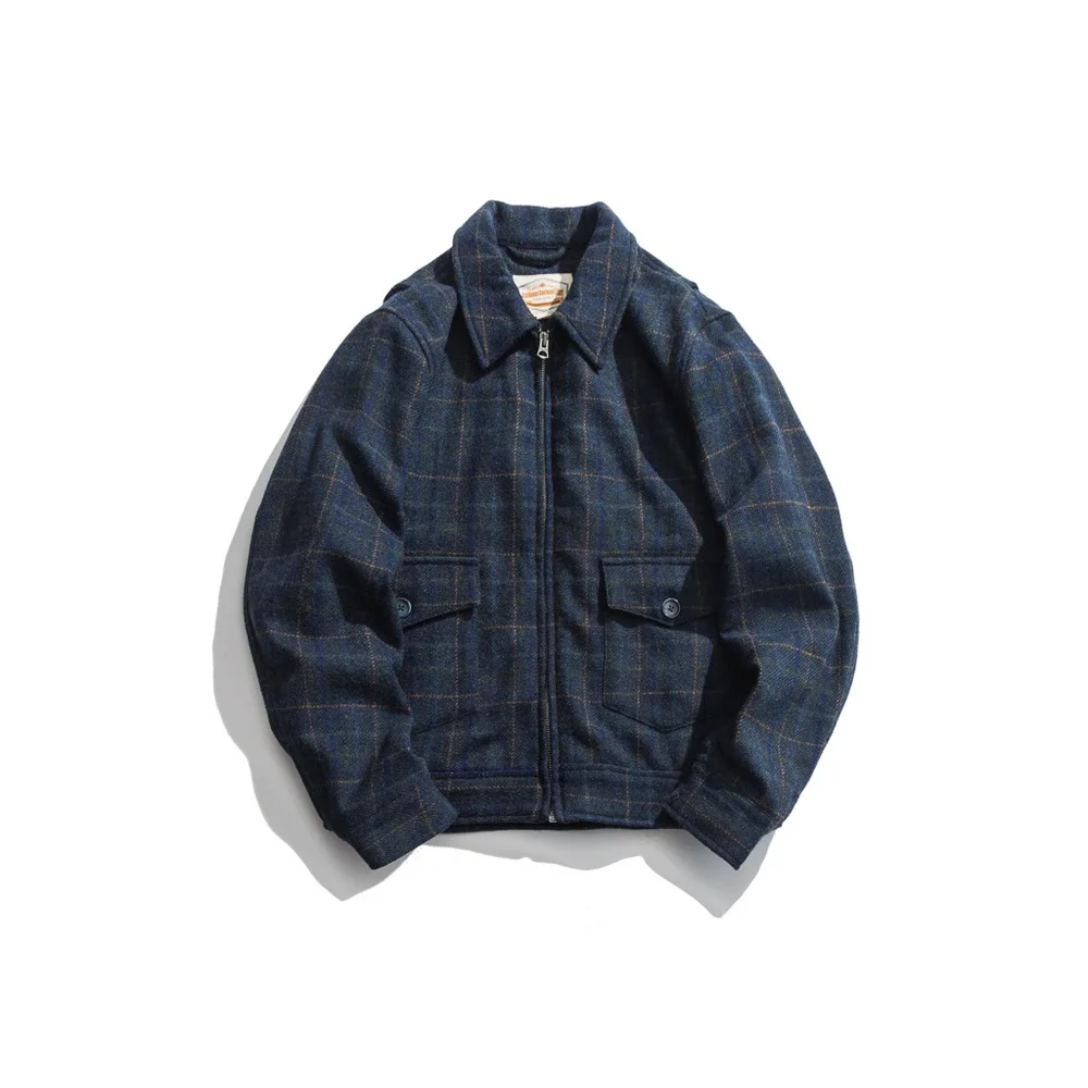 

Men's Tweed Wool Jacket Color Plaid Slim Safari American Retro Gas Station Coat Autumn Streetwear Essential Male Clothing
