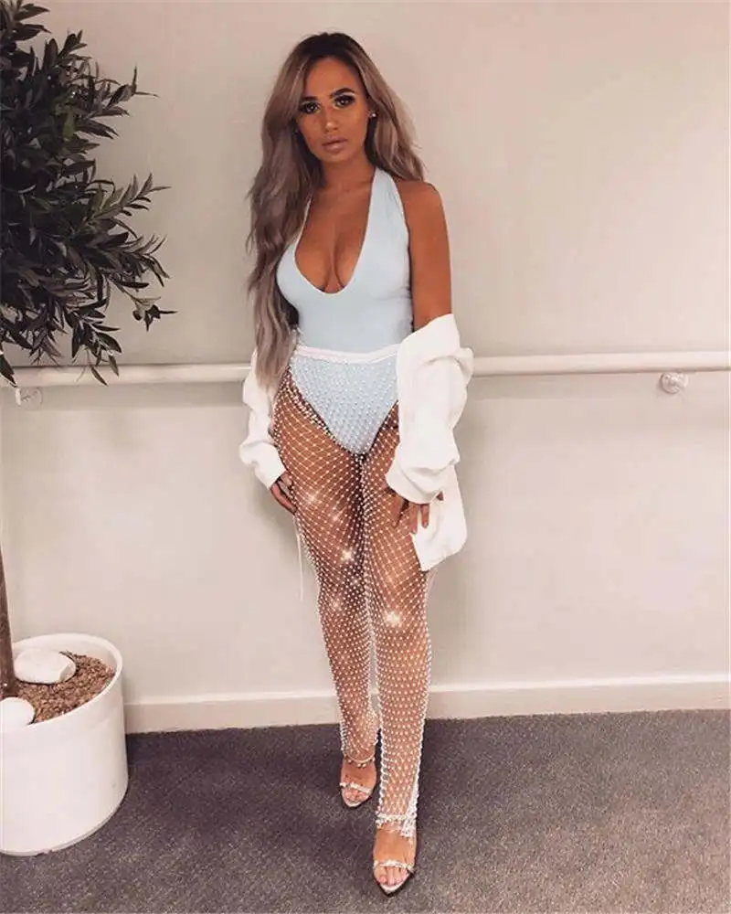 Черные бриллиантовые ажурные сексуальные брюки женские Прозрачные Пляжные