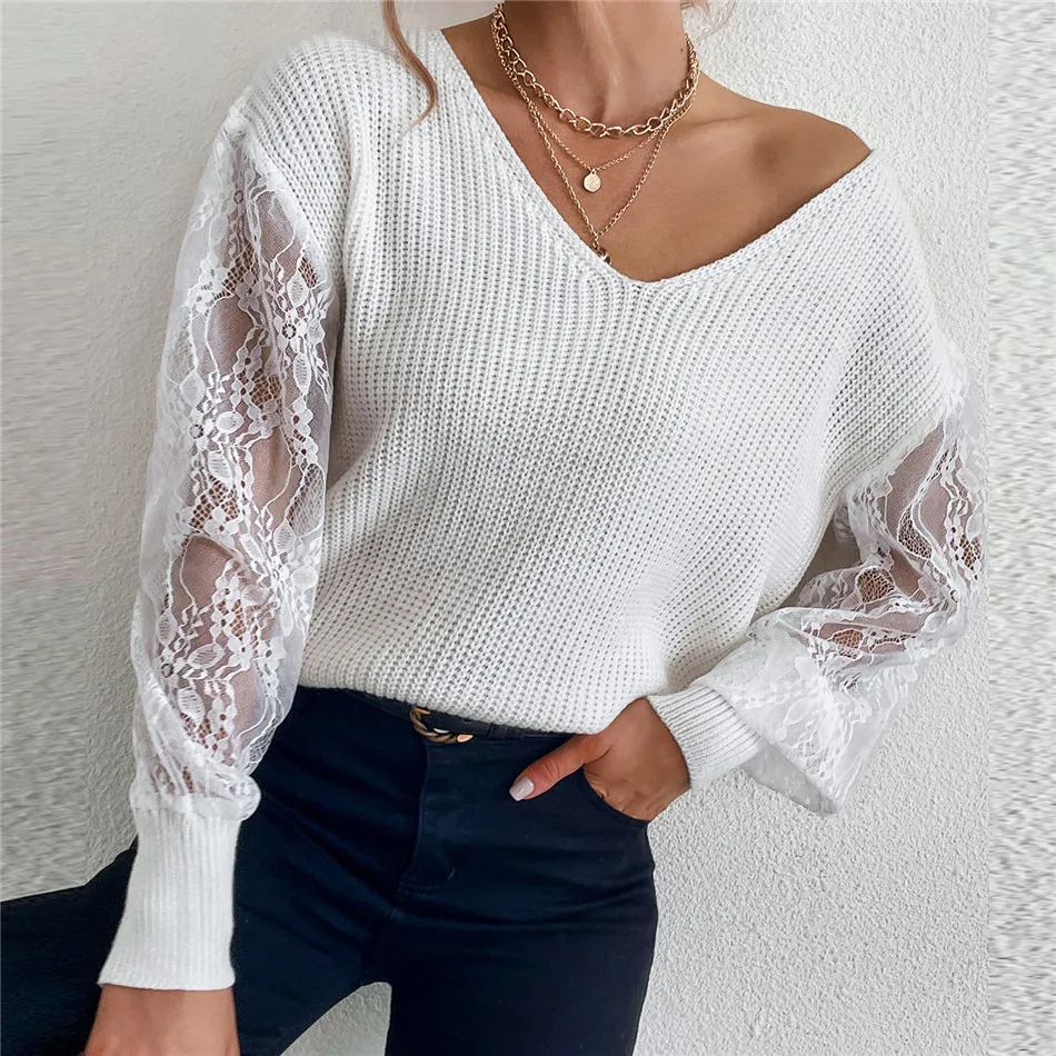 

2021 Early Autumn College Style Lace stitching Sweater Loose Jumper V-Neck Pullover knit bottoming Shirt White Women Sweater