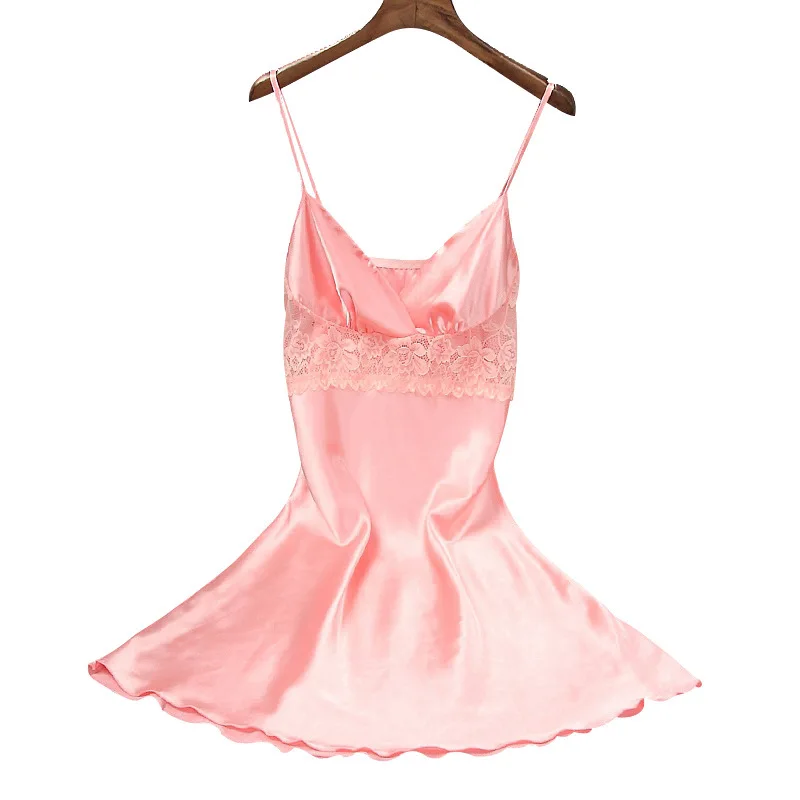 Summer Women's Nightdress Silk Like Home Wear Sexy Slit Nightgowns Solid  Lace Sling Nightwear Lingerie Sleeping Dress Sleepwear