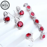 silver 925 jewelry sets wedding bridal for women red zirconia costume jewellery pendant rings earrings bracelets necklace set