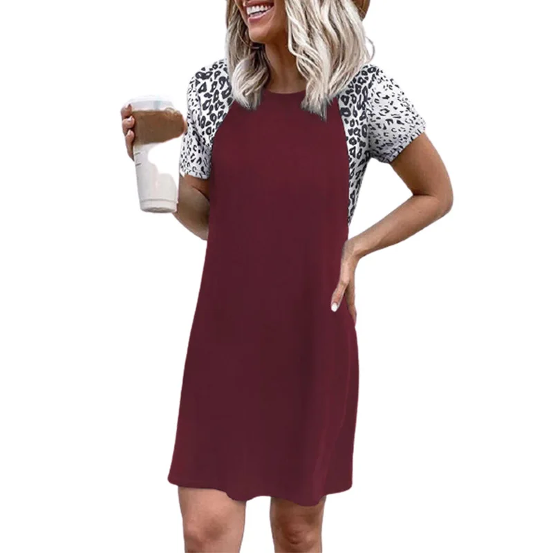 

Summer Leopard Stitching Harajuku Dress Women Round Neck Short Sleeve Casual T-Shirt Mini Dresses Streetwear Female