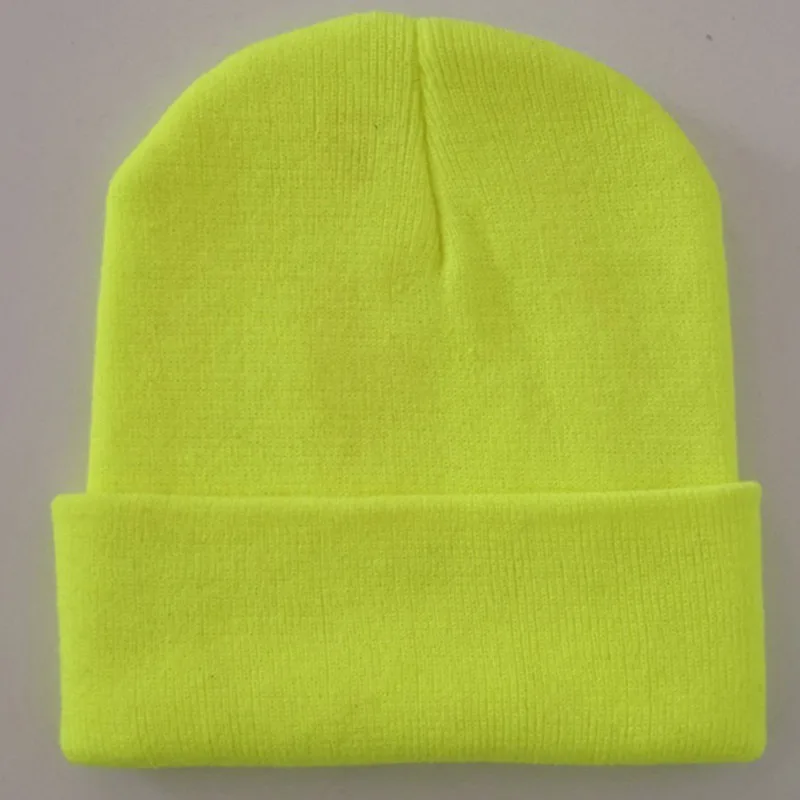 neon yellow Bright Solid Acrylic Knitted Hats Women Men's Winter Plain Beanies Cap Orange Brown Black Neon Yellow Neon Green - Color: neon yellow