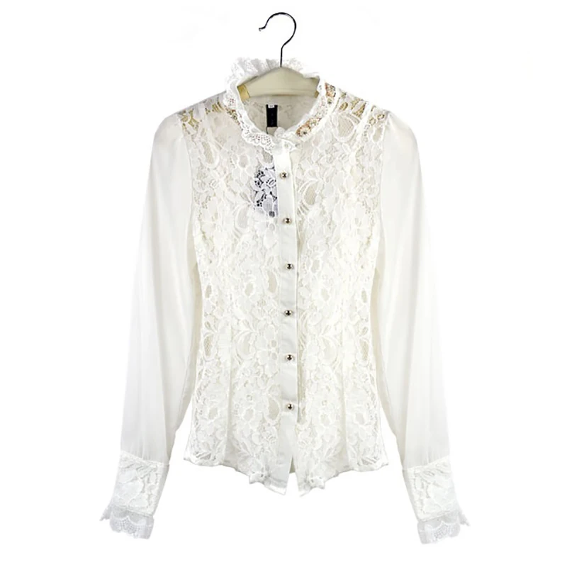 Кружевная рубашка из двух частей топ с воротником стойкой блузка длинным рукавом